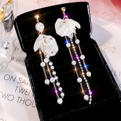Asymettric Shell with Pearl and Rhinestone Tassel Earrings