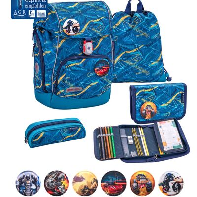 Premium ergonomic school bag set 5 pcs. with chest belt, hip belt, magnetic buckle, Staedtler  -  Comfy Plus set “Baltic”