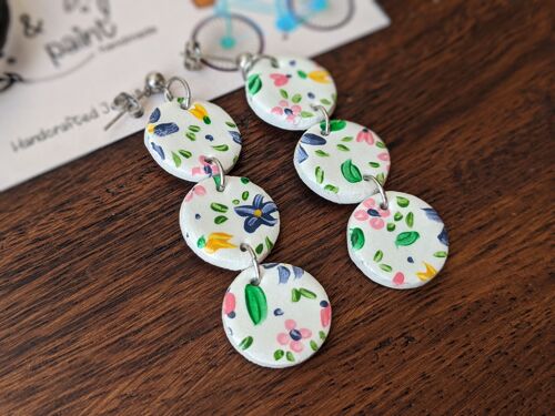 Floral white clay earrings, air dry clay earrings with hand painted flowers