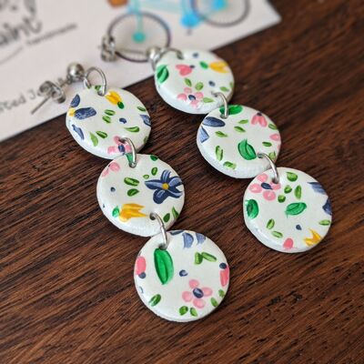 Floral white clay earrings, air dry clay earrings with hand painted flowers