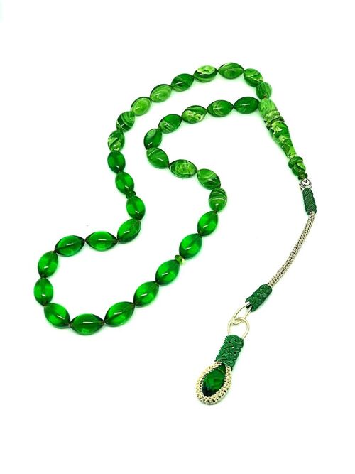 Transparent Emerald Green Prayer Beads, Kehribar Tesbih, UK-379X / SKU508