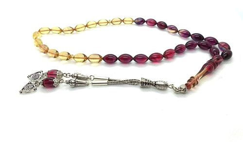 Transparent LIGHT HONEY & RED-PURPLE Prayer Beads, Kehribar Tesbih UK525 / SKU605