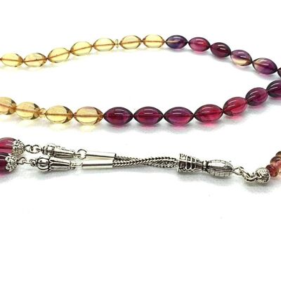 Transparent LIGHT HONEY & RED-PURPLE Prayer Beads, Kehribar Tesbih UK525 / SKU605