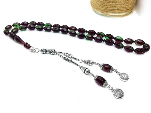 Burgundy & Green Combo Prayer Beads, Kehribar Tesbih / SKU648