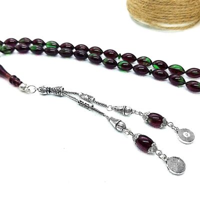 Burgundy & Green Combo Prayer Beads, Kehribar Tesbih / SKU648