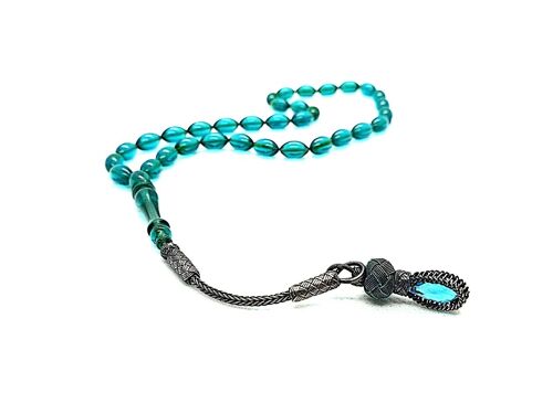 OCEAN BLUE Prayer Beads With 1000 Carat Silver Tassel, Kehribar Tesbih UK-AG / SKU654