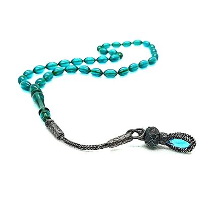 OCEAN BLUE Prayer Beads With 1000 Carat Silver Tassel, Kehribar Tesbih UK-AG / SKU654