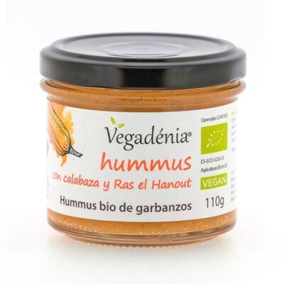 Hummus con calabaza y ras el hanout. Hummus bio con garbanzos.