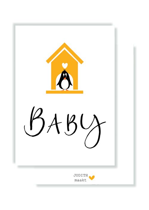 Kaart - Baby - oker huisje met pinguïn