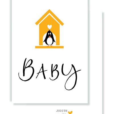 Karte - Baby - Ockerfarbenes Haus mit Pinguin