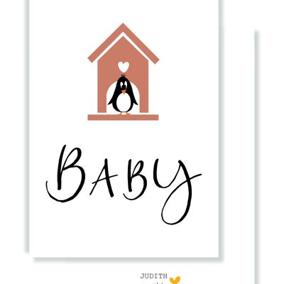 Card - Baby Pink House with Penguin