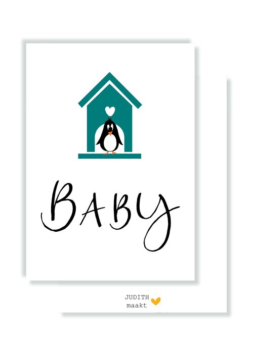 Kaart - Baby - blauw huisje met pinguïn