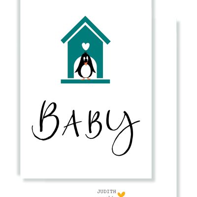 Karte - Baby - Blaues Haus mit Pinguin