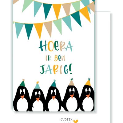 Kleine kaartje - Hoera ik ben jarig - Pinguïns met vlaggenlijn