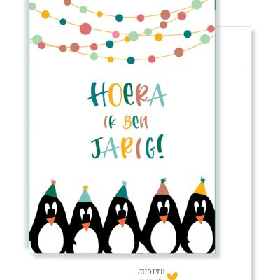 Small card - Hooray it's my birthday - Penguins with bulb garland