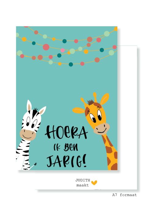 Kleine kaartje - Hoera ik ben jarig - Zebra & Giraffe met bollenslinger