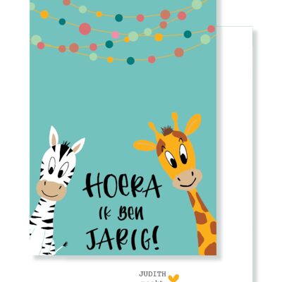 Petite carte - Hourra c'est mon anniversaire - Zèbre & Girafe avec guirlande de bulbes