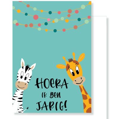 Kleine kaartje - Hoera ik ben jarig - Zebra & Giraffe met bollenslinger