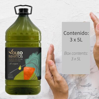 3 units, OleoMartos Extra Virgin Olive Oil, pack of 3 bottles of 5L