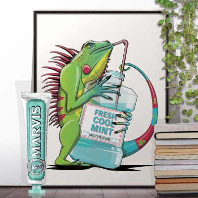 Iguana usando afiche de baño con enjuague bucal.
