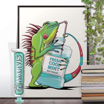 Iguane utilisant une affiche de bain de bouche. 1