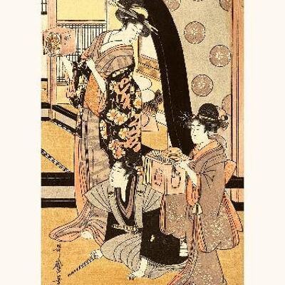 Utamaro Fukubuki Dos mujeres de pie, sosteniendo pequeñas cajas de un juego de lotería, con un hombre arrodillado entre ellas - 24x30