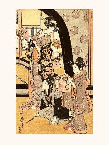 Utamaro Fukubuki Deux femmes debout, tenant de petites boîtes d'un jeu de loterie, avec un homme à genoux entre eux - 24x30