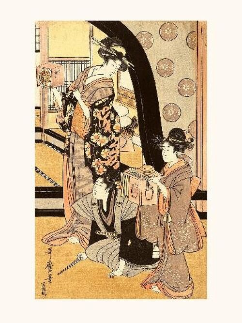 Utamaro Fukubuki Deux femmes debout, tenant de petites boîtes d'un jeu de loterie, avec un homme à genoux entre eux - 30x40
