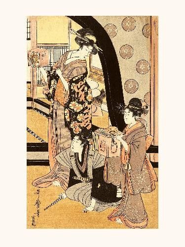Poster di Utamaro Fukubuki Due donne in piedi, con in mano piccole scatole di un gioco della lotteria, con un uomo inginocchiato in mezzo a loro