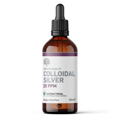 Cuentagotas de plata coloidal de primera calidad, transparente y antibacteriano, 20 ppm, 100 ml (vegano)