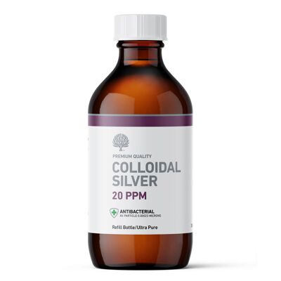 Botella de recarga de plata coloidal de calidad premium transparente antibacteriana de 20 ppm 300 ml (vegano)