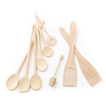 Tuuli Kitchen - Ensemble d'ustensiles de cuisine en bois de 9 pièces, cuillères en bois de hêtre massif spécialement conçues, spatule en bois et louche à miel, ustensiles en bois durables pour un usage quotidien 1