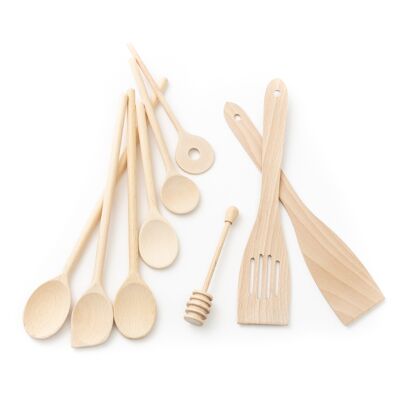 Tuuli Kitchen - Ensemble d'ustensiles de cuisine en bois de 9 pièces, cuillères en bois de hêtre massif spécialement conçues, spatule en bois et louche à miel, ustensiles en bois durables pour un usage quotidien