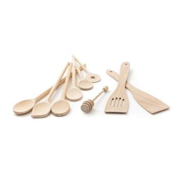 Tuuli Kitchen - Ensemble d'ustensiles de cuisine en bois de 9 pièces, cuillères en bois de hêtre massif spécialement conçues, spatule en bois et louche à miel, ustensiles en bois durables pour un usage quotidien 5