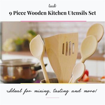 Tuuli Kitchen - Ensemble d'ustensiles de cuisine en bois de 9 pièces, cuillères en bois de hêtre massif spécialement conçues, spatule en bois et louche à miel, ustensiles en bois durables pour un usage quotidien 10