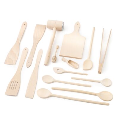 Tuuli Kitchen - Ensemble d'ustensiles de cuisine 15 pièces, cuillères en bois de hêtre massif spécialement conçues, spatule en bois, attendrisseur et louche à miel, ustensiles en bois durables pour tous les jours