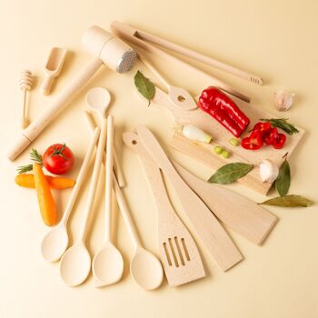 Tuuli Kitchen - Ensemble d'ustensiles de cuisine 15 pièces, cuillères en bois de hêtre massif spécialement conçues, spatule en bois, attendrisseur et louche à miel, ustensiles en bois durables pour tous les jours 2