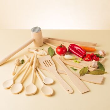 Tuuli Kitchen - Ensemble d'ustensiles de cuisine 15 pièces, cuillères en bois de hêtre massif spécialement conçues, spatule en bois, attendrisseur et louche à miel, ustensiles en bois durables pour tous les jours 3