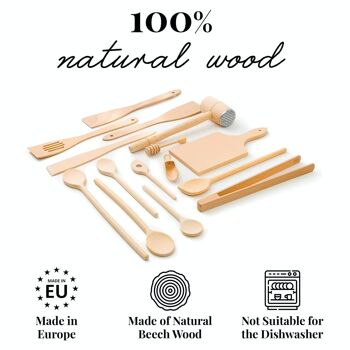 Tuuli Kitchen - Ensemble d'ustensiles de cuisine 15 pièces, cuillères en bois de hêtre massif spécialement conçues, spatule en bois, attendrisseur et louche à miel, ustensiles en bois durables pour tous les jours 7