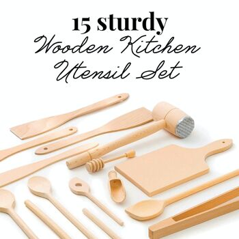 Tuuli Kitchen - Ensemble d'ustensiles de cuisine 15 pièces, cuillères en bois de hêtre massif spécialement conçues, spatule en bois, attendrisseur et louche à miel, ustensiles en bois durables pour tous les jours 8