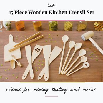 Tuuli Kitchen - Ensemble d'ustensiles de cuisine 15 pièces, cuillères en bois de hêtre massif spécialement conçues, spatule en bois, attendrisseur et louche à miel, ustensiles en bois durables pour tous les jours 11