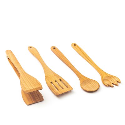 Tuuli Kitchen - Set di utensili da cucina in legno da 4 pezzi, in legno massello di ciliegio (pinze per barbecue, cucchiaio da cucina, forchetta e spatola), utensili in legno resistenti per l'uso quotidiano