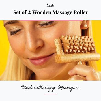Tuuli Lot de 2 rouleaux de massage en bois avec brosse de massage pour le visage, le cou, les épaules, les bras et le corps 10