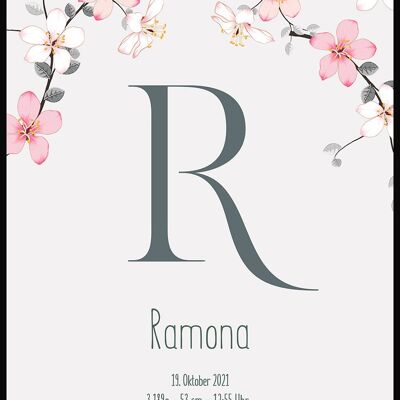 Personalized name poster with flower tendril - 21 x 30 cm