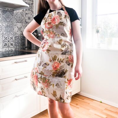 Bellissimo grembiule peonie per donna con tasche. Grembiule da cucina floreale con peonie arancioni su fantasia panna. Regalo per la festa della mamma.