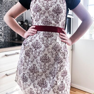 Damask print apron for woman with two pockets. Burgundy red damask patterns kitchen apron. Apron for mom, festive women apron