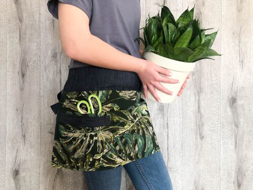 Durable garden apron, dark denim garden apron for woman with green leaves patterns, gardening apron, half apron with pockets, florist apron