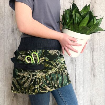 Durable garden apron, dark denim garden apron for woman with green leaves patterns, gardening apron, half apron with pockets, florist apron