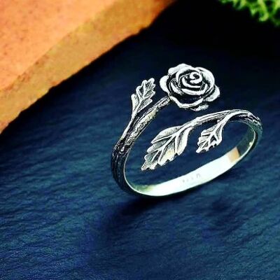 Einzigartiger seltener Rosenring, detaillierter verstellbarer Ring, 925 Sterling Silber