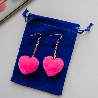 Heart Earrings Pink Pom Pom